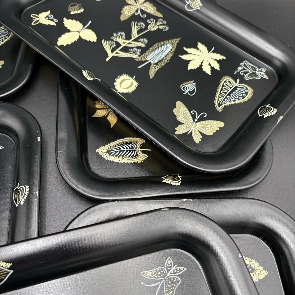 MCM Metal Trays Serving Platters Butterflies Leaves Flowers Black Gold 1960 8pc